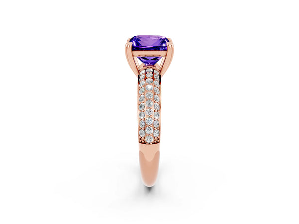 Rose gold Princess Cut Tanzanite Solitaire Ring with Multi-Row Round Pavé Band and Prong Setting