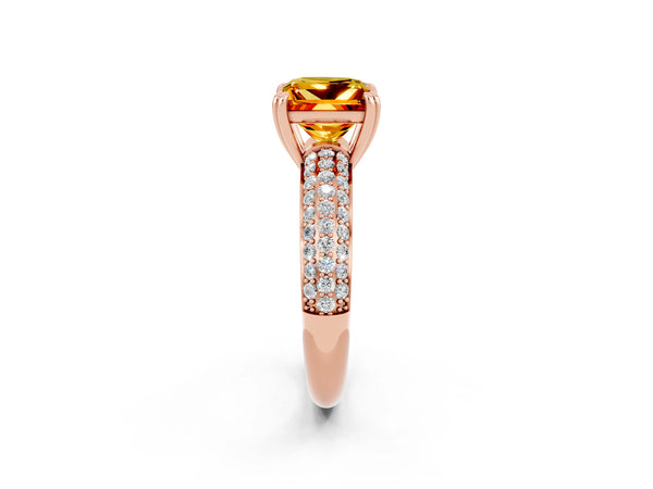 Rose gold Princess Cut Citrine Solitaire Ring with Multi-Row Round Pavé Band and Prong Setting