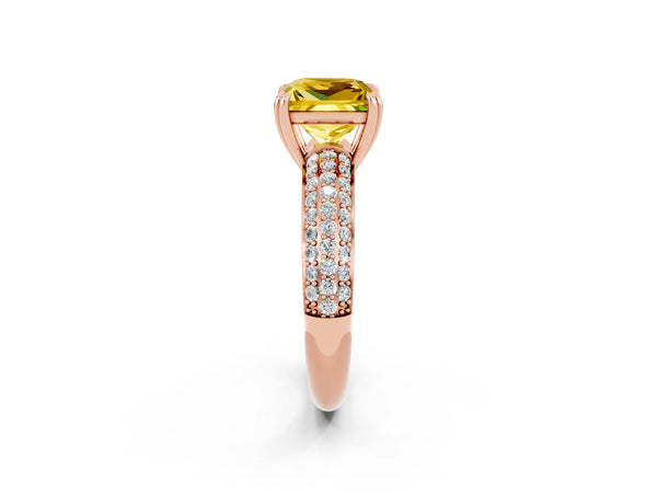 Rose gold Princess Cut Yellow Sapphire Solitaire Ring with Multi-Row Round Pavé Band and Prong Setting