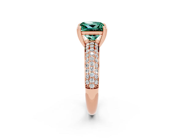 Rose gold Princess Cut Green Sapphire Solitaire Ring with Multi-Row Round Pavé Band and Prong Setting