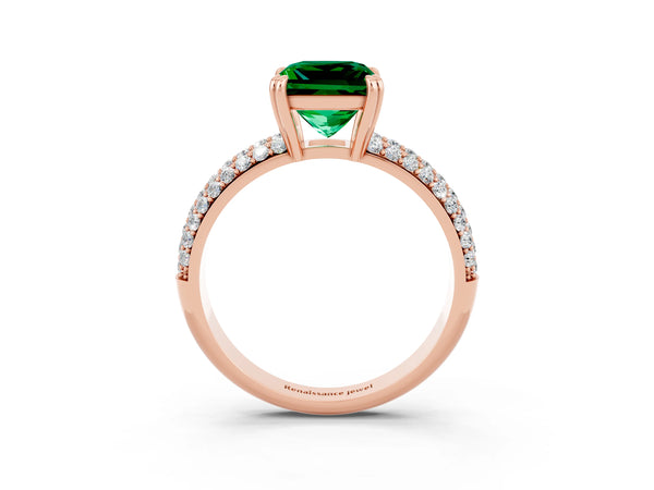 Rose gold Princess Cut Emerald Solitaire Ring with Multi-Row Round Pavé Band and Prong Setting