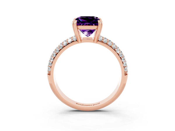 Rose gold Princess Cut Amethyst Solitaire Ring with Multi-Row Round Pavé Band and Prong Setting