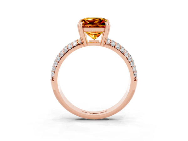 Rose gold Princess Cut Citrine Solitaire Ring with Multi-Row Round Pavé Band and Prong Setting