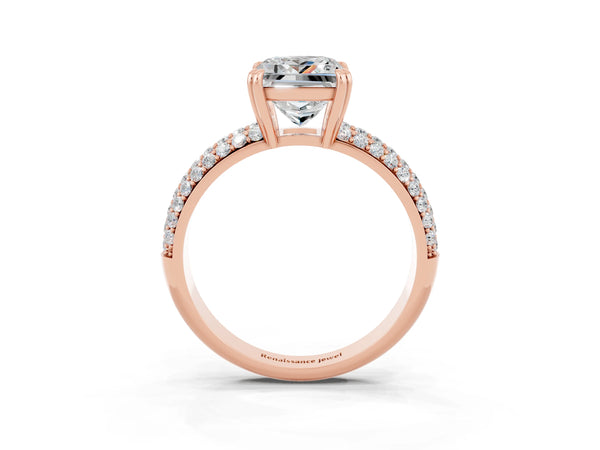 Rose gold Princess Cut Moissanite Solitaire Ring with Multi-Row Round Pavé Band and Prong Setting