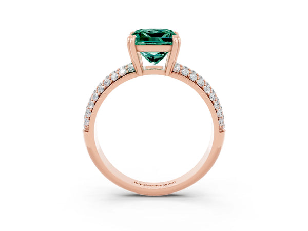 Rose gold Princess Cut Green Sapphire Solitaire Ring with Multi-Row Round Pavé Band and Prong Setting