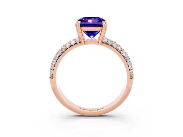 Rose gold Princess Cut Tanzanite Solitaire Ring with Multi-Row Round Pavé Band and Prong Setting