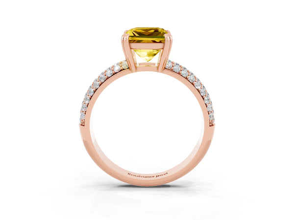 Rose gold Princess Cut Yellow Sapphire Solitaire Ring with Multi-Row Round Pavé Band and Prong Setting