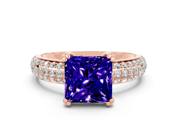 Rose gold Princess Cut Tanzanite Solitaire Ring with Multi-Row Round Pavé Band and Prong Setting