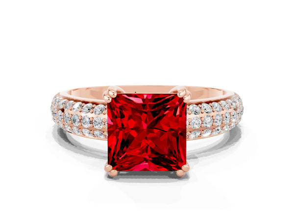Rose gold Princess Cut Cut Pave Diamond Engagement Ring with Channel Set Band and Four-Prong Setting