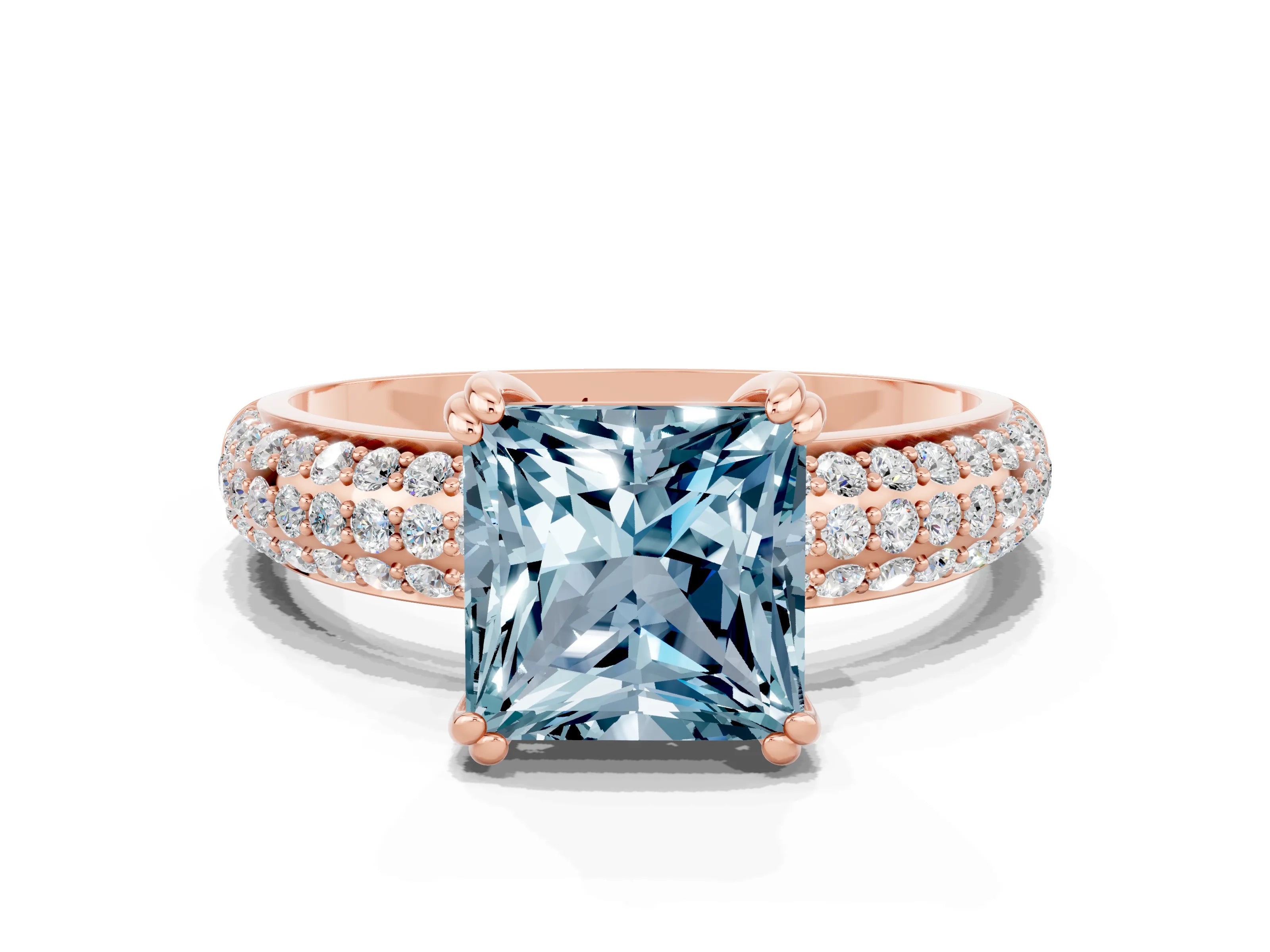 Rose gold Princess Cut Cut Pave Diamond Engagement Ring with Channel Set Band and Four-Prong Setting