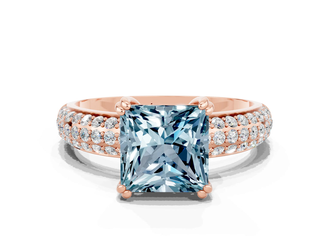 Rose gold Princess Cut Cut Pave Diamond Engagement Ring with Channel Set Band and Four-Prong Setting