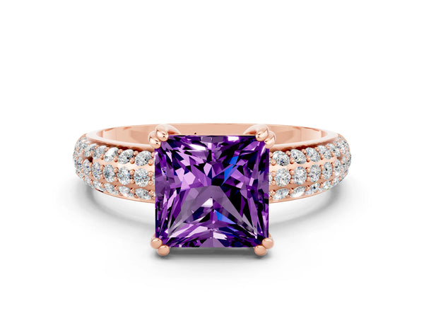 Rose gold Princess Cut Amethyst Solitaire Ring with Multi-Row Round Pavé Band and Prong Setting