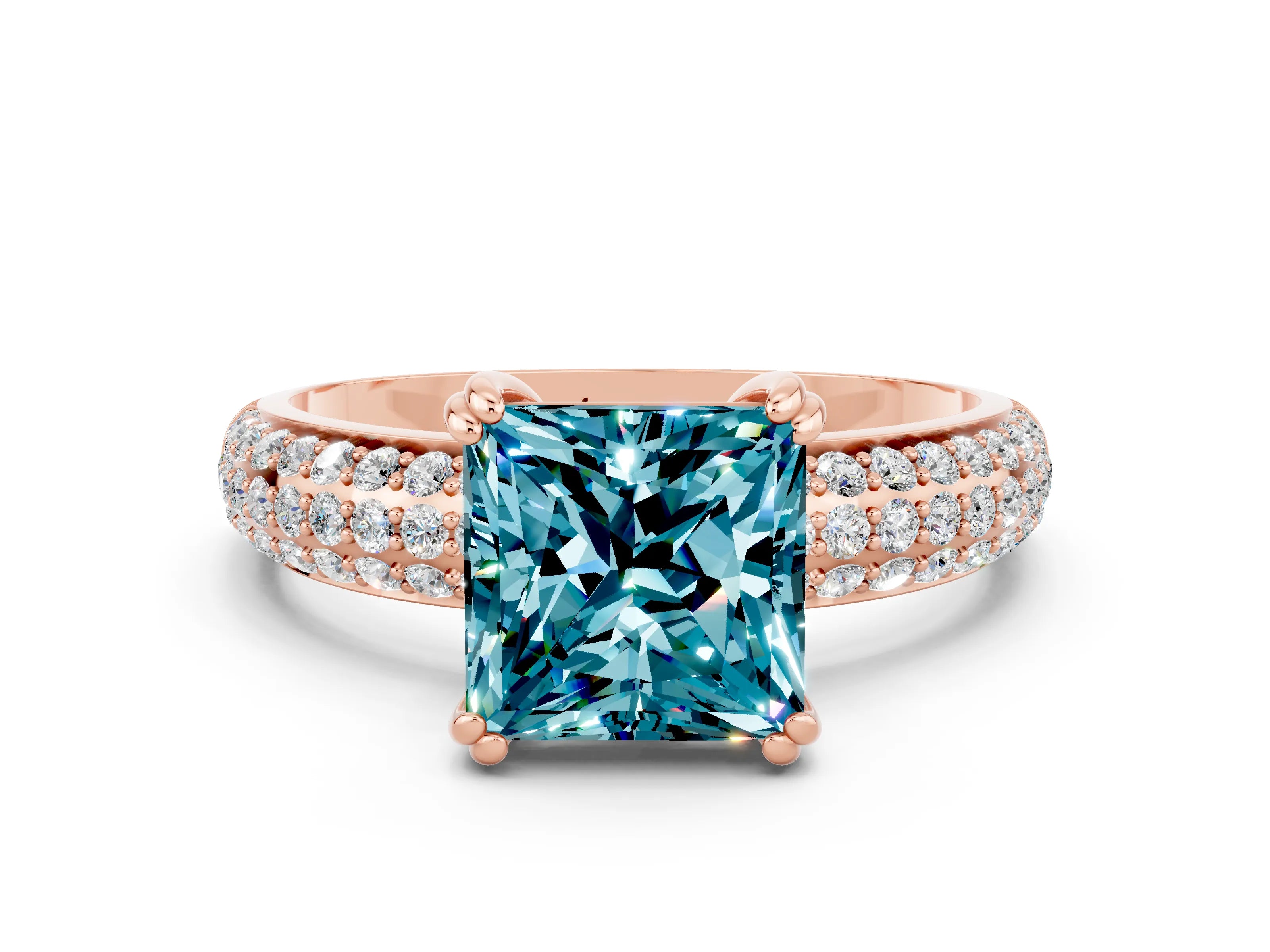 Rose gold Princess Cut Cut Pave Diamond Engagement Ring with Channel Set Band and Four-Prong Setting
