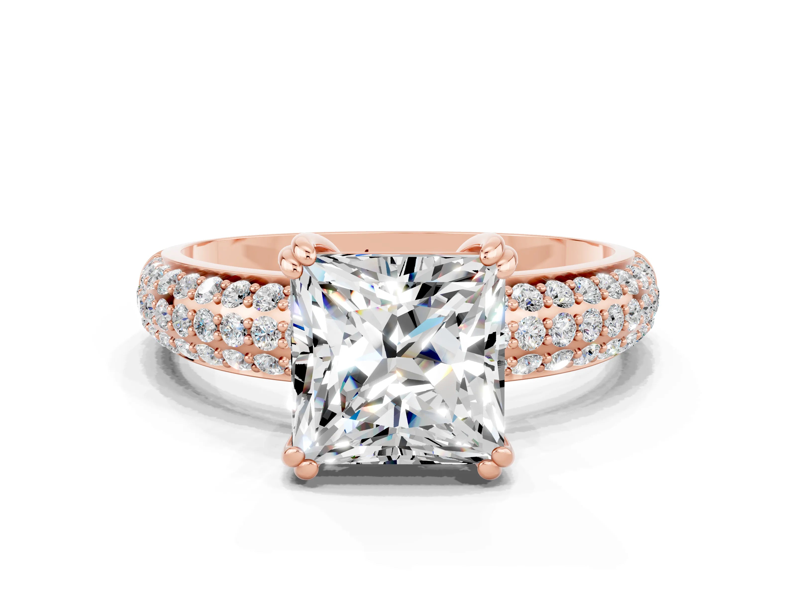 Rose gold Princess Cut Cut Pave Diamond Engagement Ring with Channel Set Band and Four-Prong Setting
