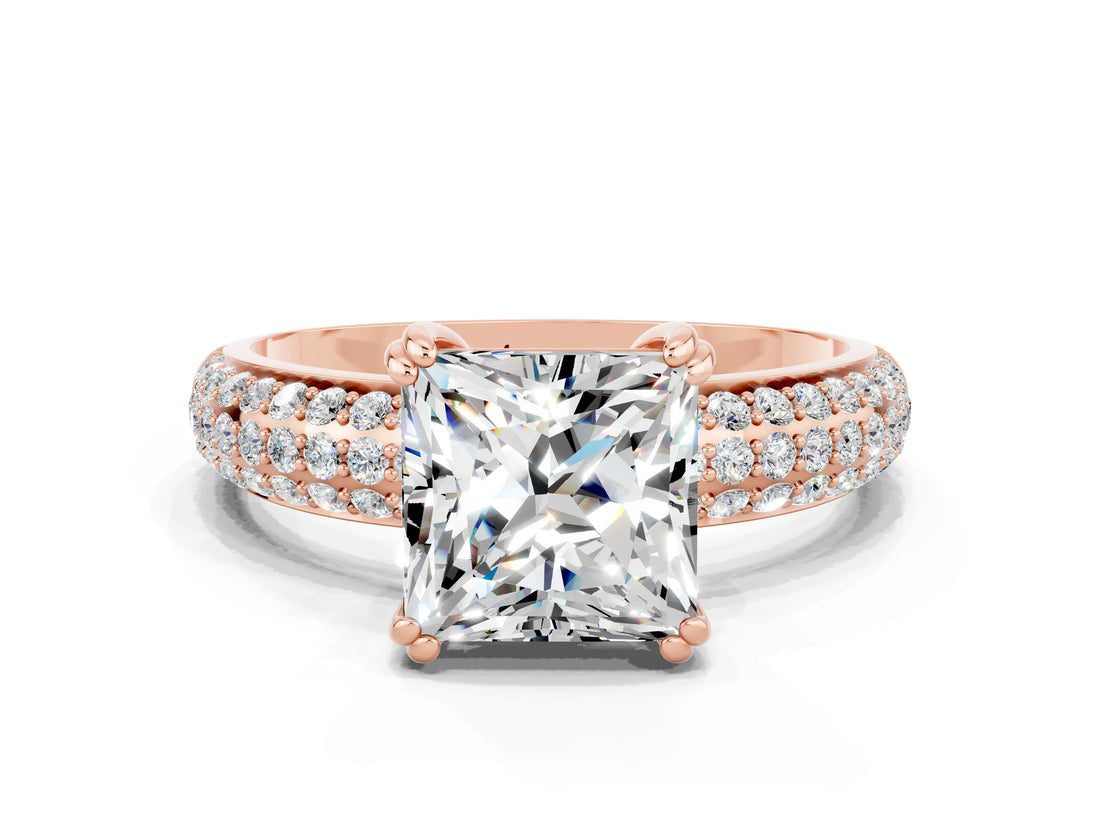 Rose gold Princess Cut Cut Pave Diamond Engagement Ring with Channel Set Band and Four-Prong Setting