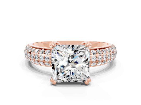 Rose gold Princess Cut Moissanite Solitaire Ring with Multi-Row Round Pavé Band and Prong Setting