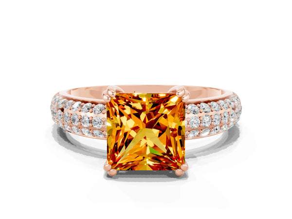 Rose gold Princess Cut Citrine Solitaire Ring with Multi-Row Round Pavé Band and Prong Setting