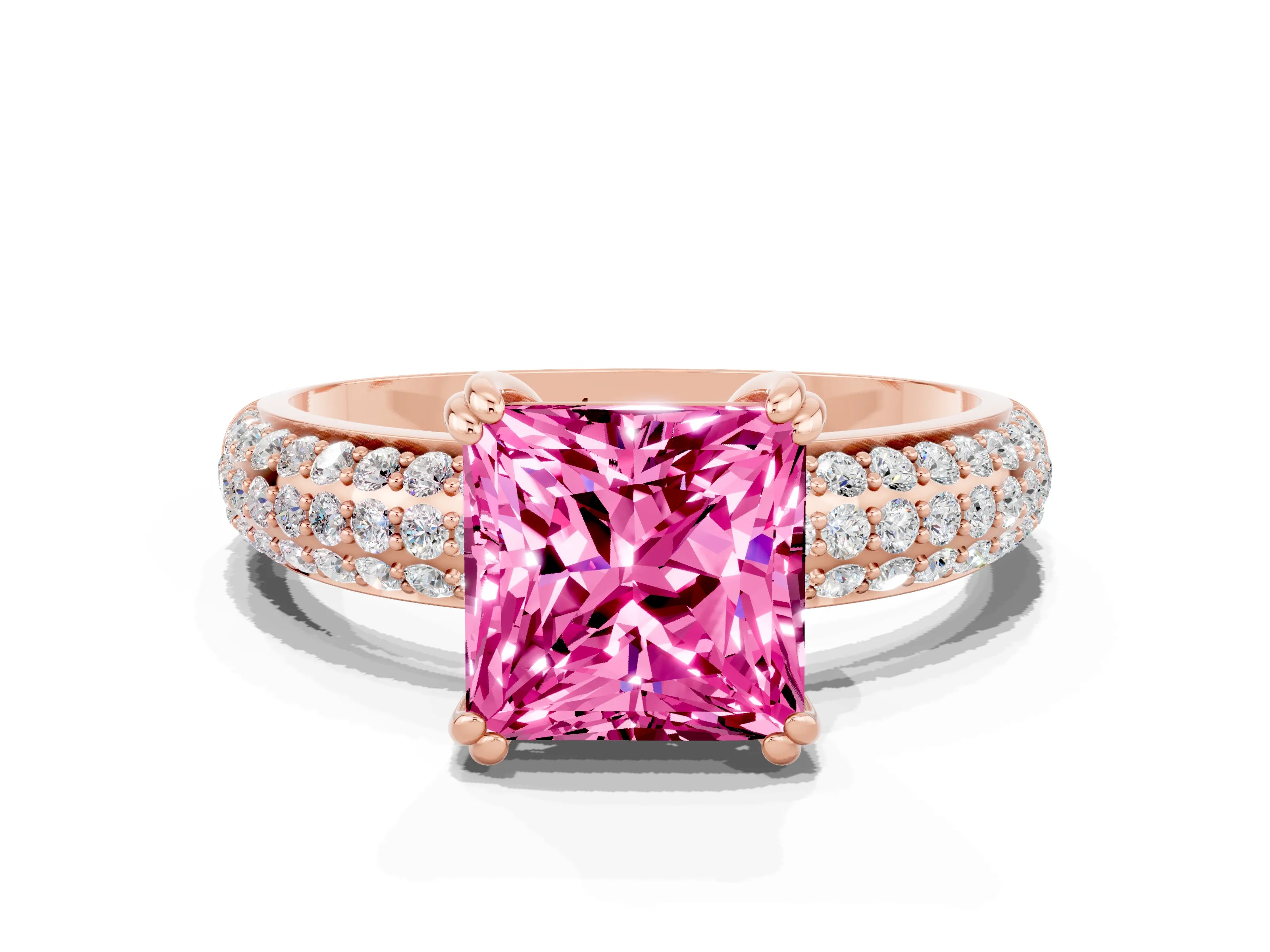 Rose gold Princess Cut Cut Pave Diamond Engagement Ring with Channel Set Band and Four-Prong Setting