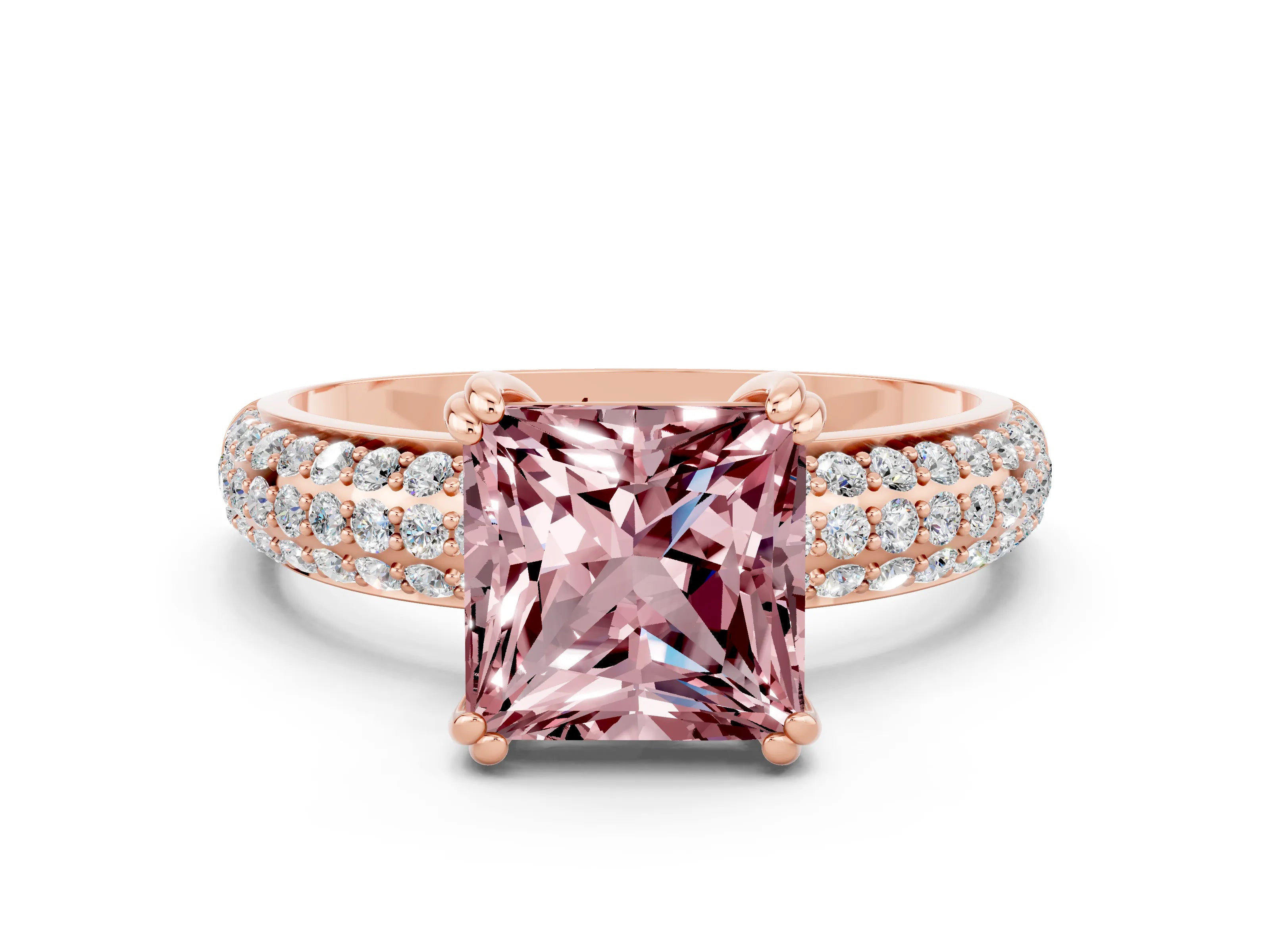 Rose gold Princess Cut Cut Pave Diamond Engagement Ring with Channel Set Band and Four-Prong Setting