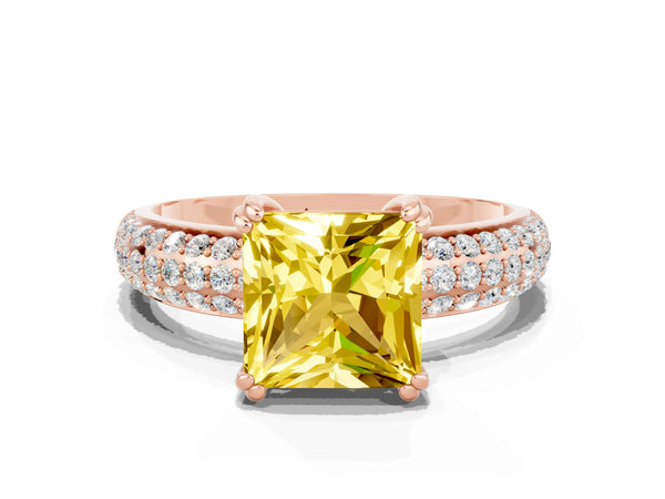Rose gold Princess Cut Yellow Sapphire Solitaire Ring with Multi-Row Round Pavé Band and Prong Setting
