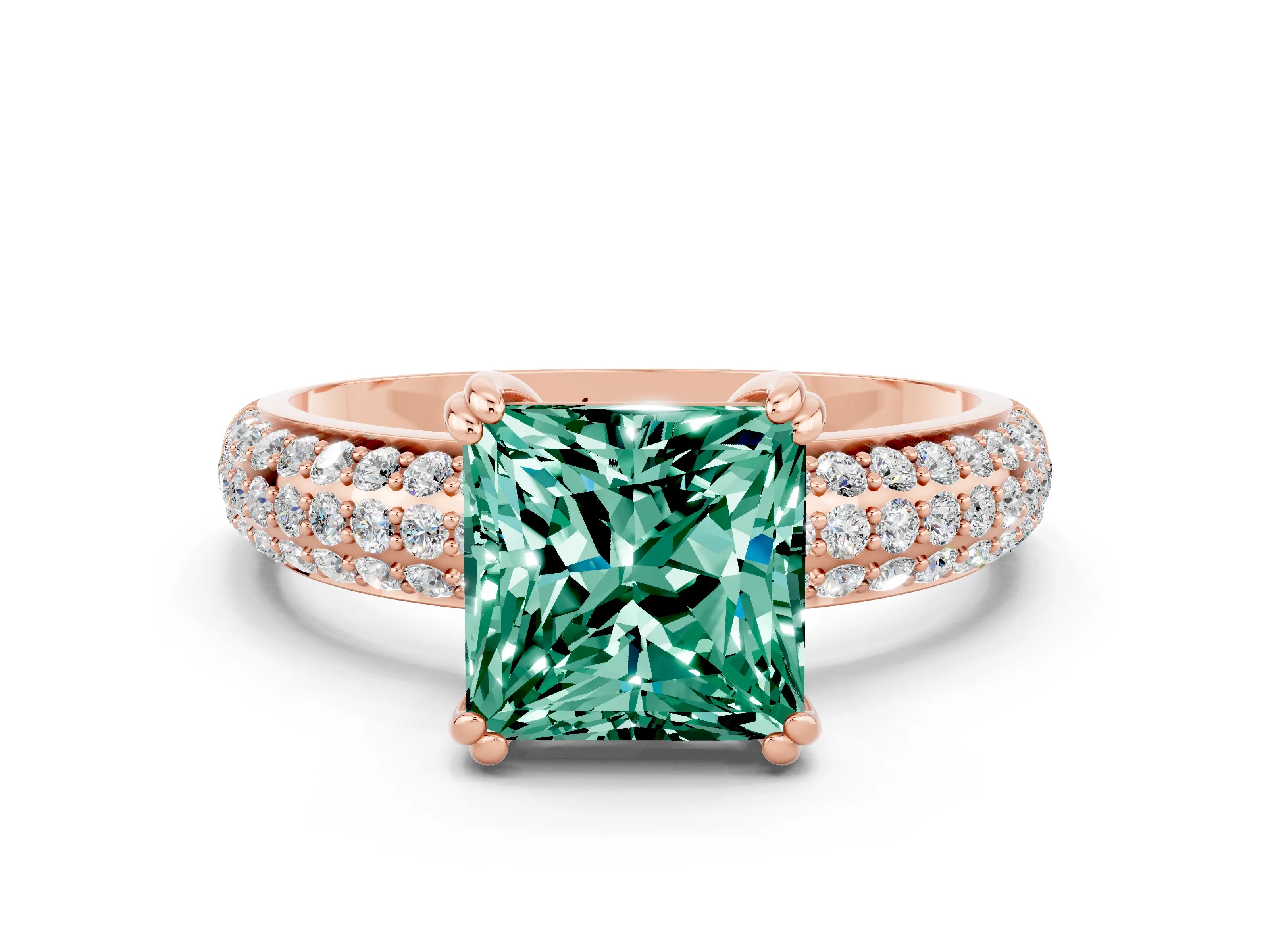 Rose gold Princess Cut Cut Pave Diamond Engagement Ring with Channel Set Band and Four-Prong Setting