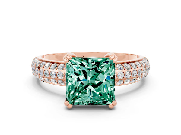 Rose gold Princess Cut Green Sapphire Solitaire Ring with Multi-Row Round Pavé Band and Prong Setting