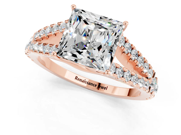 Rose gold Princess Cut Moissanite Split Shank Engagement Ring with Round Pavé and Prong Setting