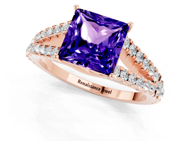 Rose gold Princess Cut Tanzanite Split Shank Engagement Ring with Round Pavé and Prong Setting