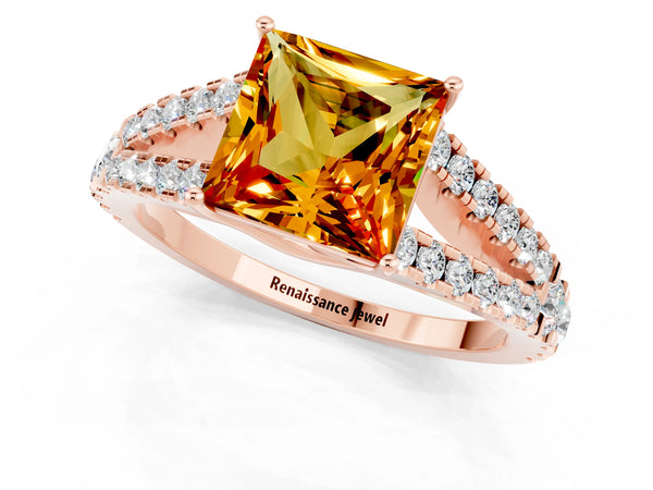 Rose gold Princess Cut Citrine Split Shank Engagement Ring with Round Pavé and Prong Setting