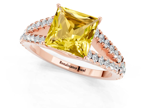 Rose gold Princess Cut Yellow Sapphire Split Shank Engagement Ring with Round Pavé and Prong Setting