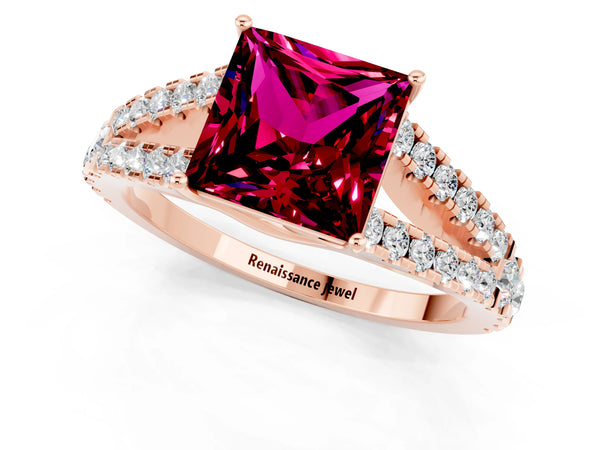 Rose gold Princess Cut Garnet Split Shank Engagement Ring with Round Pavé and Prong Setting