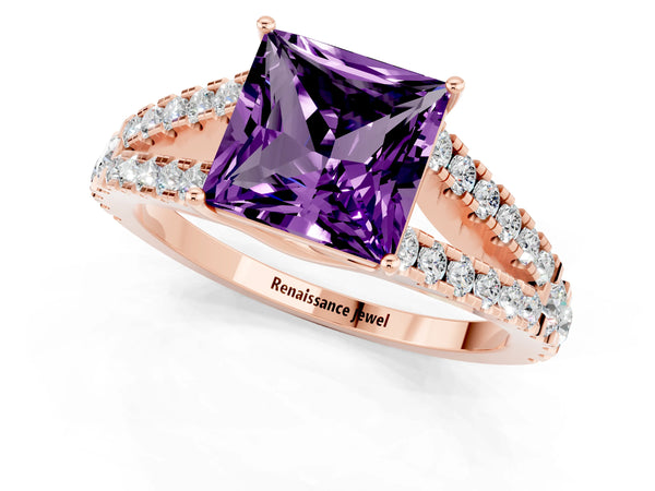 Rose gold Princess Cut Amethyst Split Shank Engagement Ring with Round Pavé and Prong Setting