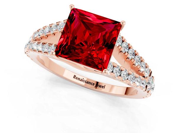 Rose gold Princess Cut Ruby Split Shank Engagement Ring with Round Pavé and Prong Setting
