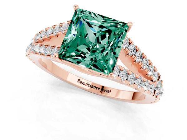 Rose gold Princess Cut Green Sapphire Split Shank Engagement Ring with Round Pavé and Prong Setting