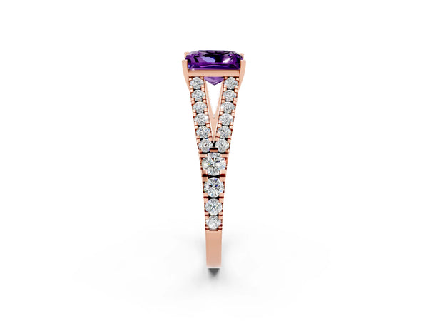 Rose gold Princess Cut Amethyst Split Shank Engagement Ring with Round Pavé and Prong Setting