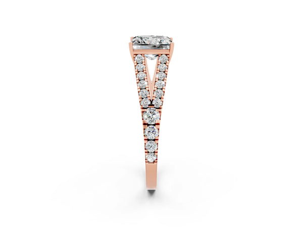 Rose gold Princess Cut Moissanite Split Shank Engagement Ring with Round Pavé and Prong Setting