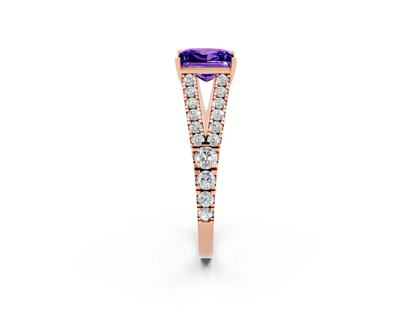 Rose gold Princess Cut Tanzanite Split Shank Engagement Ring with Round Pavé and Prong Setting