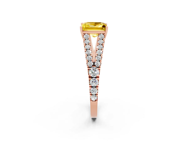 Rose gold Princess Cut Yellow Sapphire Split Shank Engagement Ring with Round Pavé and Prong Setting