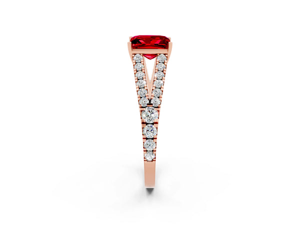 Rose gold Princess Cut Ruby Split Shank Engagement Ring with Round Pavé and Prong Setting