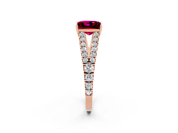 Rose gold Princess Cut Garnet Split Shank Engagement Ring with Round Pavé and Prong Setting