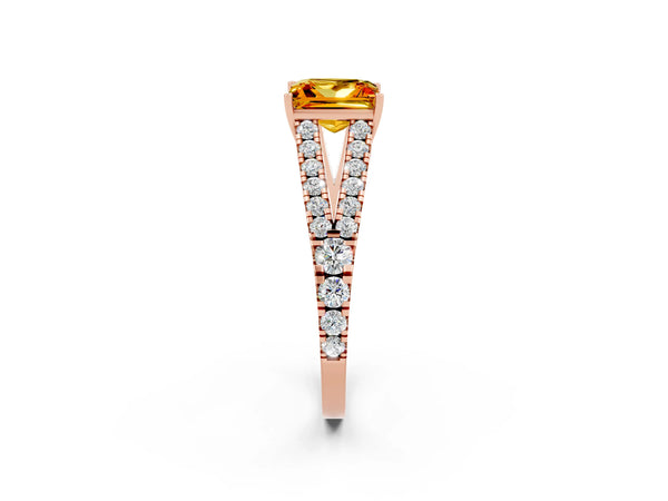 Rose gold Princess Cut Citrine Split Shank Engagement Ring with Round Pavé and Prong Setting