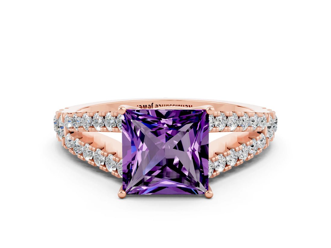 Rose gold Princess Cut Cut Split Shank Pave Diamond Engagement Ring with Four-Prong Setting