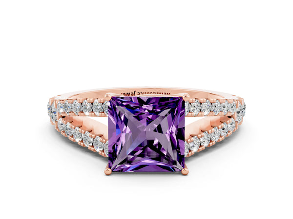 Rose gold Princess Cut Amethyst Split Shank Engagement Ring with Round Pavé and Prong Setting