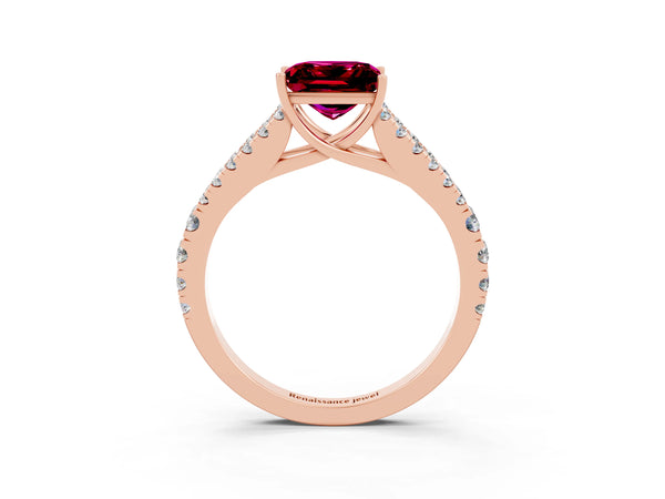 Rose gold Princess Cut Garnet Split Shank Engagement Ring with Round Pavé and Prong Setting
