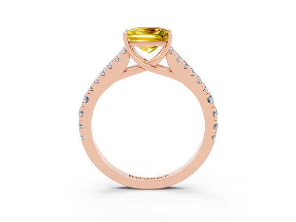 Rose gold Princess Cut Yellow Sapphire Split Shank Engagement Ring with Round Pavé and Prong Setting