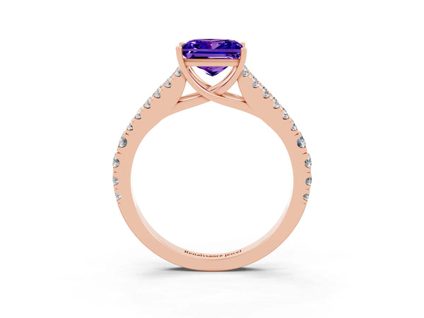 Rose gold Princess Cut Tanzanite Split Shank Engagement Ring with Round Pavé and Prong Setting