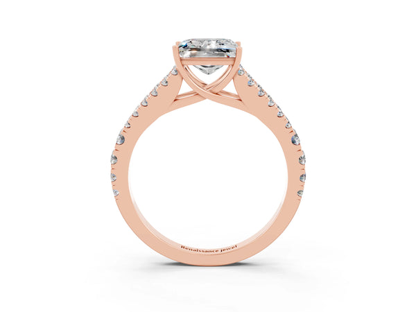 Rose gold Princess Cut Moissanite Split Shank Engagement Ring with Round Pavé and Prong Setting