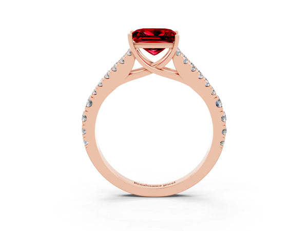 Rose gold Princess Cut Ruby Split Shank Engagement Ring with Round Pavé and Prong Setting