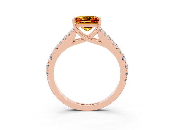 Rose gold Princess Cut Citrine Split Shank Engagement Ring with Round Pavé and Prong Setting