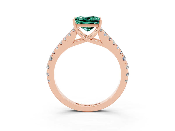 Rose gold Princess Cut Green Sapphire Split Shank Engagement Ring with Round Pavé and Prong Setting